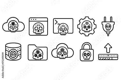 Día de los muertos skull icon set in outline style for digital applications