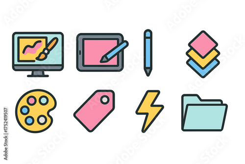 Art and design flat icon set. digital tools, creative elements illustration pack