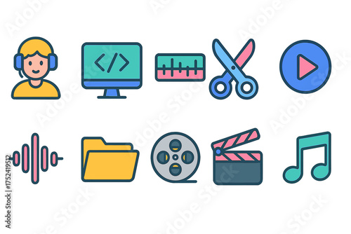 Multimedia flat icon set. audio, video, editing, coding, and file management icons.