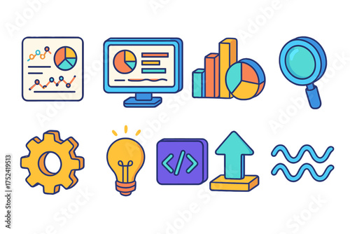 Data analysis icon set. flat icons for analytics, research, and visualization