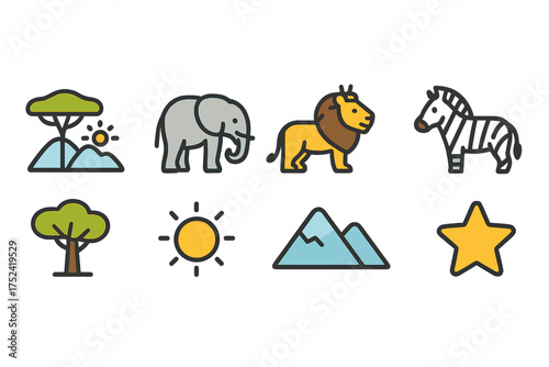 Wildlife, nature flat icon set. savanna animals icons flat collection