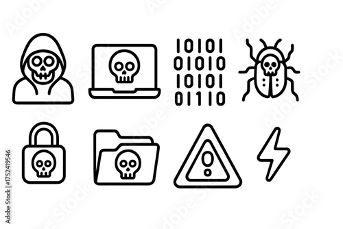 Cybersecurity, malware, and hacker outline icon set for digital security solutions