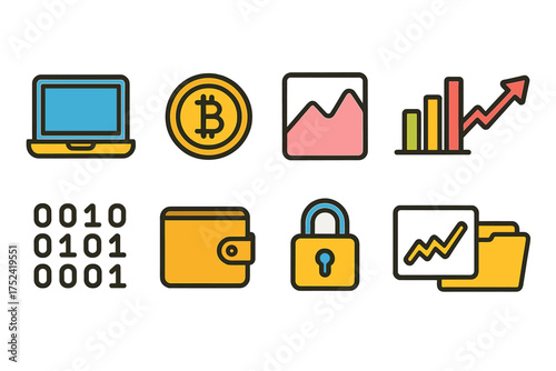 Finance and cryptocurrency icon set. flat icons for digital economy, blockchain, and fintech.