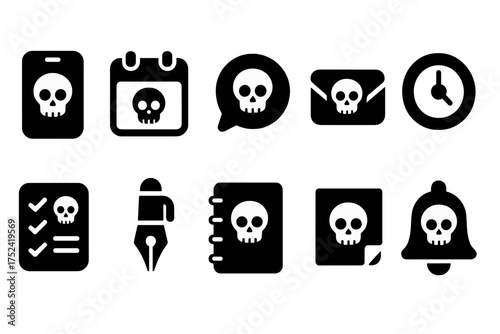 Halloween silhouette icon set. spooky, skull, calendar, and bell icons collection.