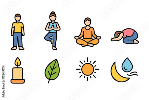Yoga and meditation outline icon set for wellness activities and relaxation