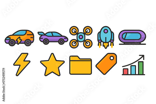 Electric vehicle and technology icon set in vibrant flat style for innovation themes