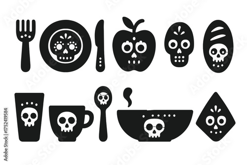 Day of the dead solid icon set. mexican festival, sugar skull, holiday symbols collection