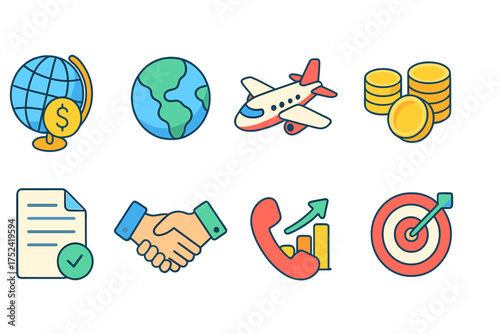 Business, finance flat icon set. global economy, investment, strategy icons collection