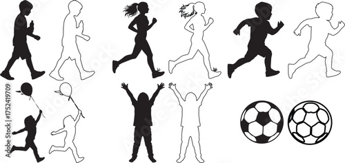 Silhouetted athletes with prosthetic limbs participate in various sports activities showcasing strength and determination in black and white illustration