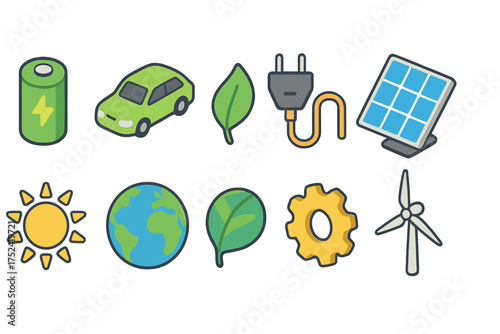 Eco-friendly flat icon set. sustainability, renewable energy icons collection