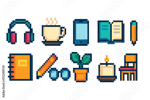 Pixel art office icon set. workspace essentials, colorful pixelated office icons