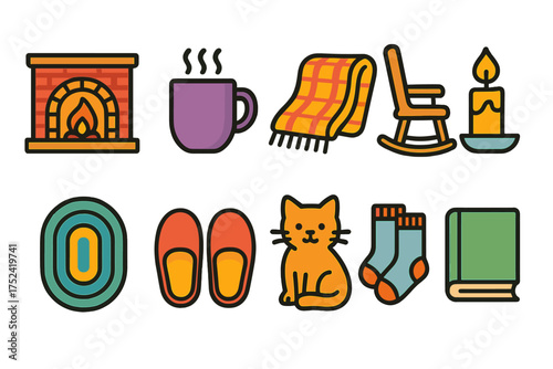 Cozy winter outline icon set. fireplace, hot drinks, blankets, candles collection