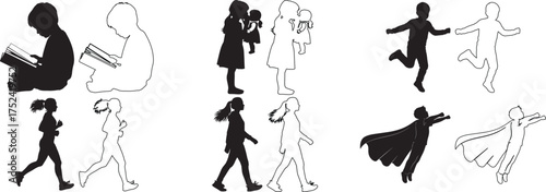Silhouette vector art featuring children reading playing with dolls running walking and a child dressed as a superhero with a cape
