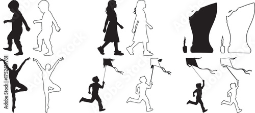 Black and white silhouettes of children walking dancing and flying kites showcasing childhood activities and playful designs for creative projects