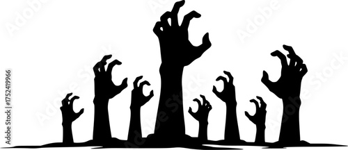 Halloween zombie hands. Spooky haunted arms appear of ground silhouette vector illustration set. Creepy zombie arms elements
