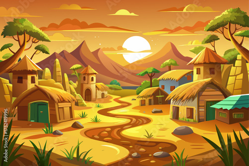vector of The dirt village that ends up in the dirt village where the sunrise has turned yellow everywhere