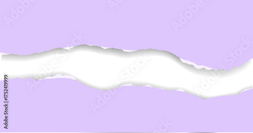 Violet torn paper with irregular edges and shadow effect. Realistic ripped cardboard strip for vector design, collage, or decorative horizontal background layout.