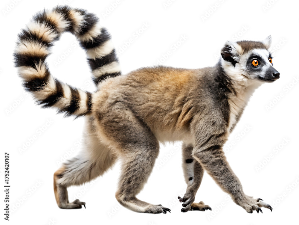 Fototapeta premium Ring-tailed lemur side view walking isolated studio shot capturing unique wildlife movement and form isolated on transparent background