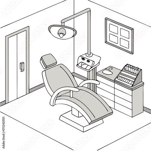 Dental chair in clinic, minimalistic, monochrome design, featuring dental equipment and environment