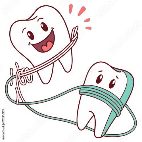 Dental floss and smile, fun illustration, cheerful tooth characters, bright colors, healthy teeth