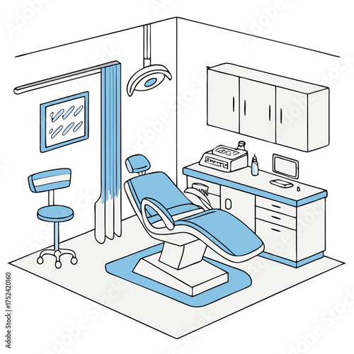Dental clinic interior with modern dental chair and equipment in blue and white colors