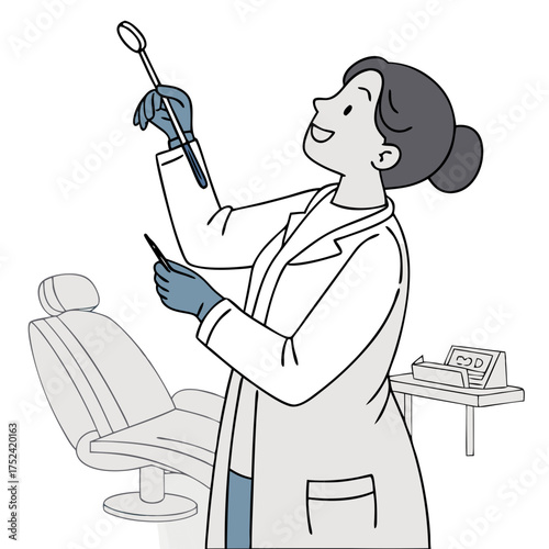 Dentist holding mirror and probe, cheerful expression, working in clinic with dental chair background