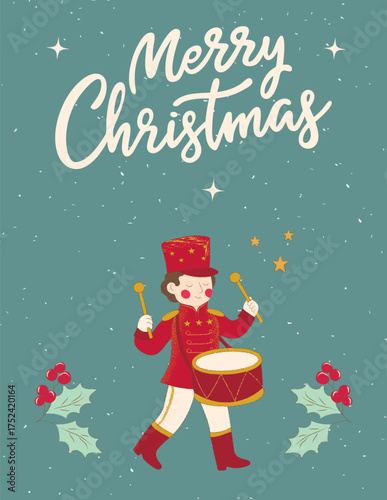 Festive drummer boy in a red holiday outfit playing a drum, surrounded by stars and holly on a snowy background. Merry Christmas card. Vector art