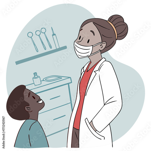Dentist smiling in mask, friendly interaction with child patient, cheerful atmosphere in clinic