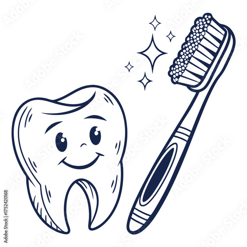Tooth icon with brush, cheerful design promoting dental hygiene and oral care