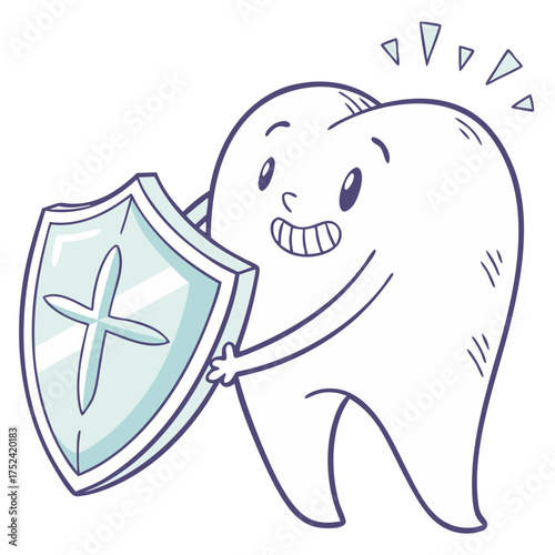 Tooth with protective shield, cheerful character promoting dental health and protection