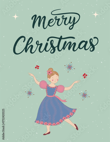 Hand drawn Christmas card with ballerina girl in blue dress surrounded by festive decorations and snowflakes, perfect for holiday greeting cards, seasonal prints, or children holiday content. Vector a