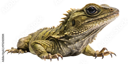 Detailed studio portrait of a tuatara reptile showing unique scaly skin and spiky dorsal crest isolated isolated on transparent background