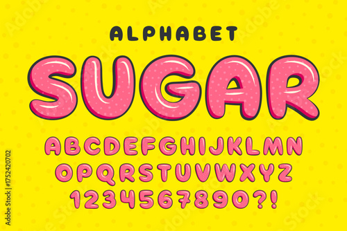 Bright and colorful comical alphabet, sweetie letters and numbers.