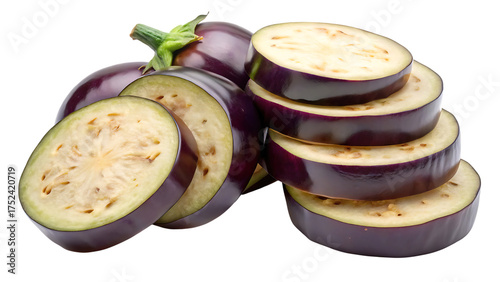 Fresh sliced eggplant rounds ready for culinary use highlighting vibrant purple skin and creamy interior isolated on transparent background