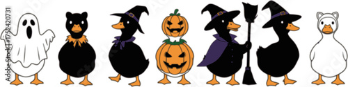 Six halloween dressed ducks standing together in a line
