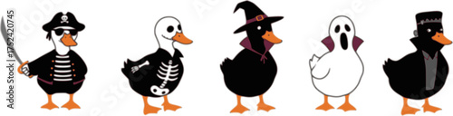 Six halloween dressed ducks standing together in a line
