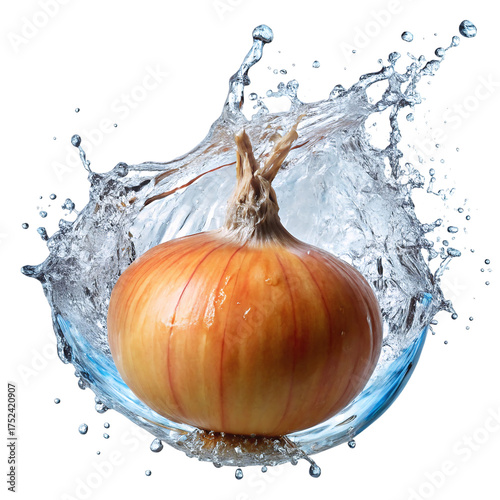 Fresh onion splashed with water isolated against black background for dynamic food photography and culinary concepts isolated on transparent background