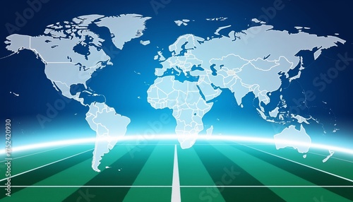 A symbol of sport without borders. An abstract illustration of a world map with a blue background and green lines.