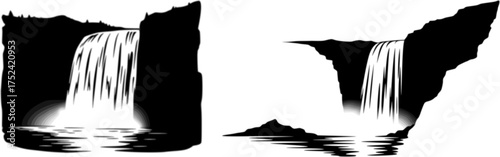 Silhouette of waterfall cascading over a cliff edge into a lake vector silhouette
