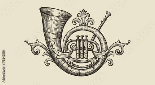 Vintage horn illustration with curls in engraving style for classic design