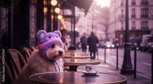 Fototapeta Naklejka Na Ścianę i Meble -  Street photography of a dog in a cute and fluffy hat purple and pink tones quiet french cafe