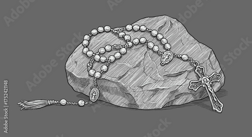 Rosary with cross on stone in grayscale for religious and spiritual themes