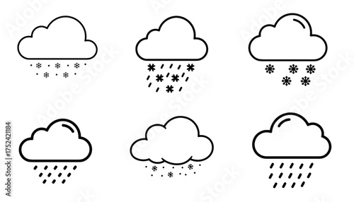 Weather cloud icons with rain and snow in black and white for forecast visuals