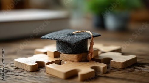 Graduation Cap on Wooden Puzzle Pieces in a Cozy Study Environment