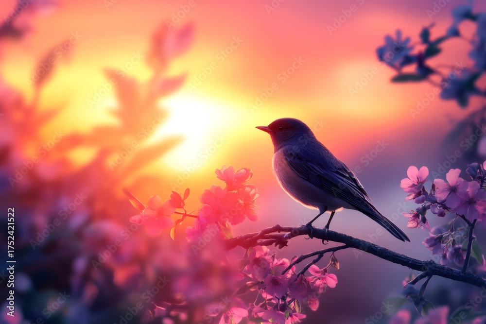 Fototapeta premium Bird sitting on a cherry blossom branch, bathed in the warm, colorful glow of a spring evening or morning sunrise
