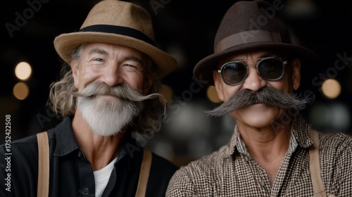 Two stylish older men with unique mustaches wearing hats and smiles.