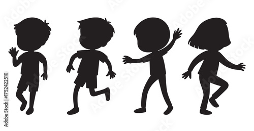 Set of silhouette happy running children in various poses, expressing energy, joy, and freedom. Black vector silhouettes of boys and girls playing, jumping, and running together on a white background