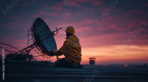 Worker in Yellow Jacket Adjusts Satellite Dish Against Vibrant Sunset Sky