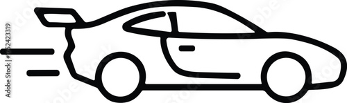 Racing sports car speeding icon, black outline stroke illustration, high-performance vehicle with large spoiler, dynamic speed lines, automotive design element.