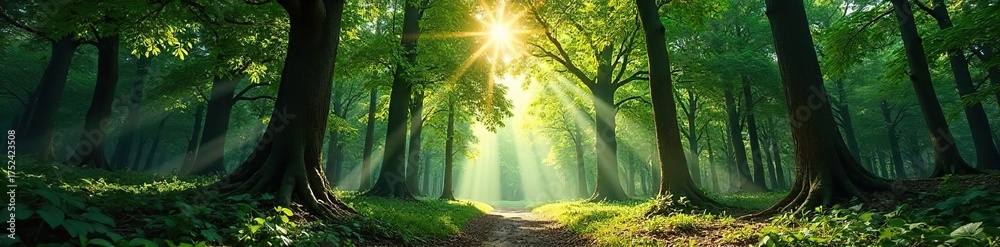Obraz premium Sunlit Forest Canopy Intricate Branches Reaching Towards the Sky, Creating Dappled Light and Shadow on the Peaceful Forest Floor